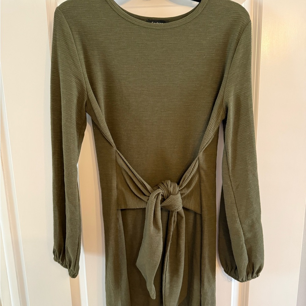Olive Green Knit Dress with Tie Detail
